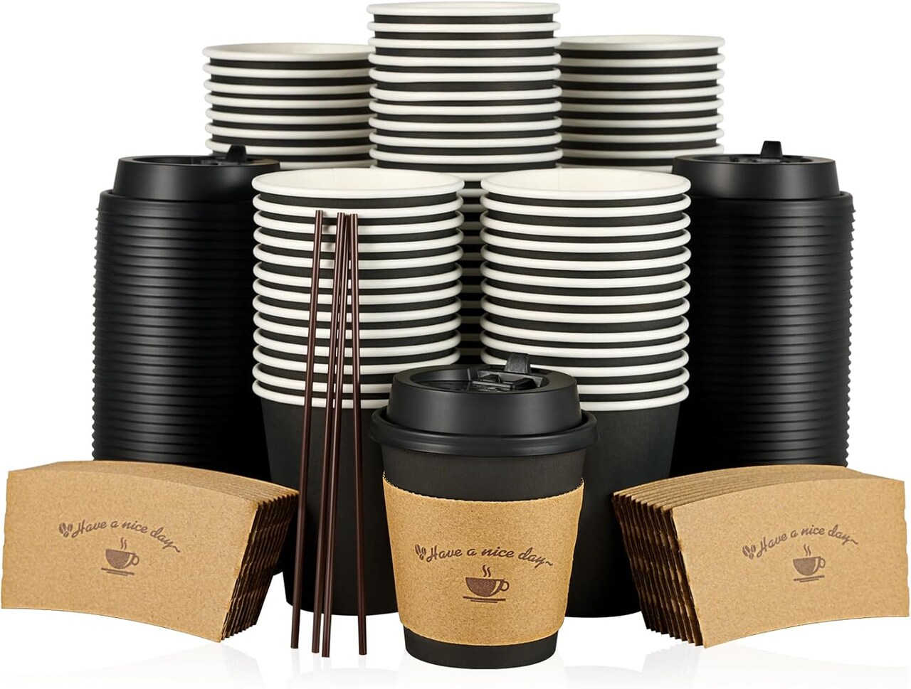 100 Pack 10 oz Paper Coffee Cups for Hot Chocolate Drinks, Black Disposable Coffee Cups with Lids, Sleeves and Stirring Sticks for Parties, Picnic, Travel, and Events